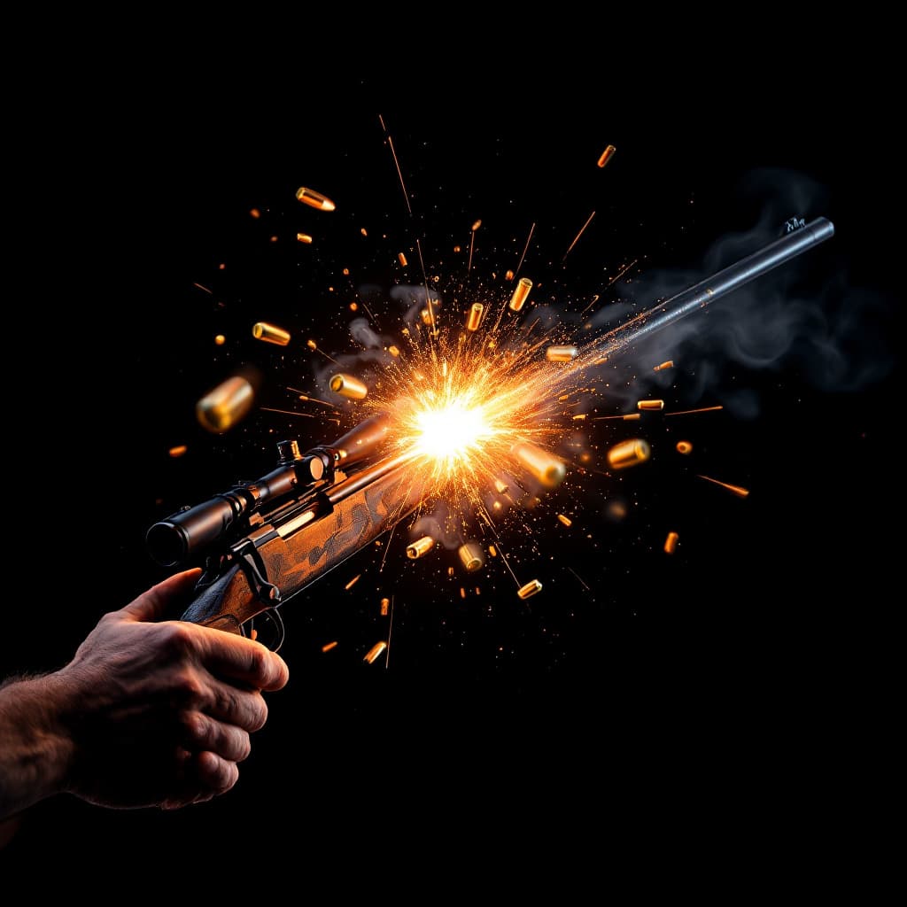 AI generated: Generate a frontal image of a projectile exiting a hunting rifle with a black background with a hand...