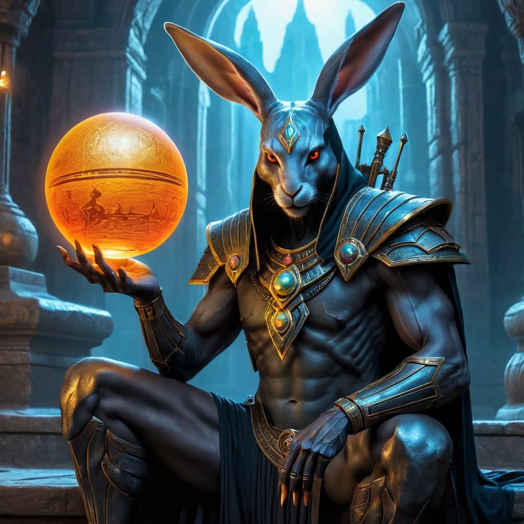AI generated: epic realistic, a digital painting of a rabbit holding a glowing ball, cyberpunk art, inspired by to...