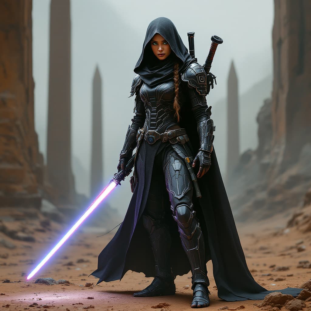 AI generated: Full body view of Image of a human female galactic combat operator, her combat armor is light weight...