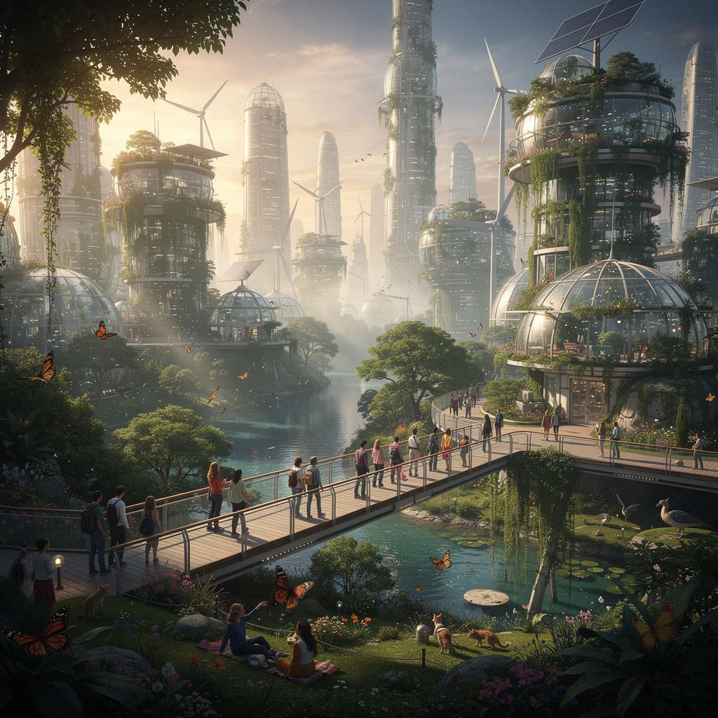 AI generated: A hyper-detailed, cinematic digital painting of a futuristic eco-city where nature and technology co...