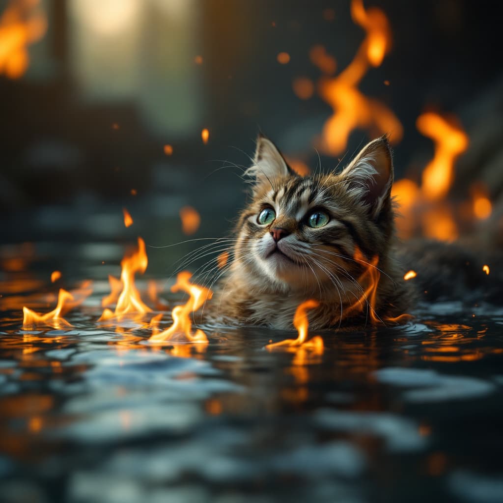 AI generated: a cat floating on water with flames at the background