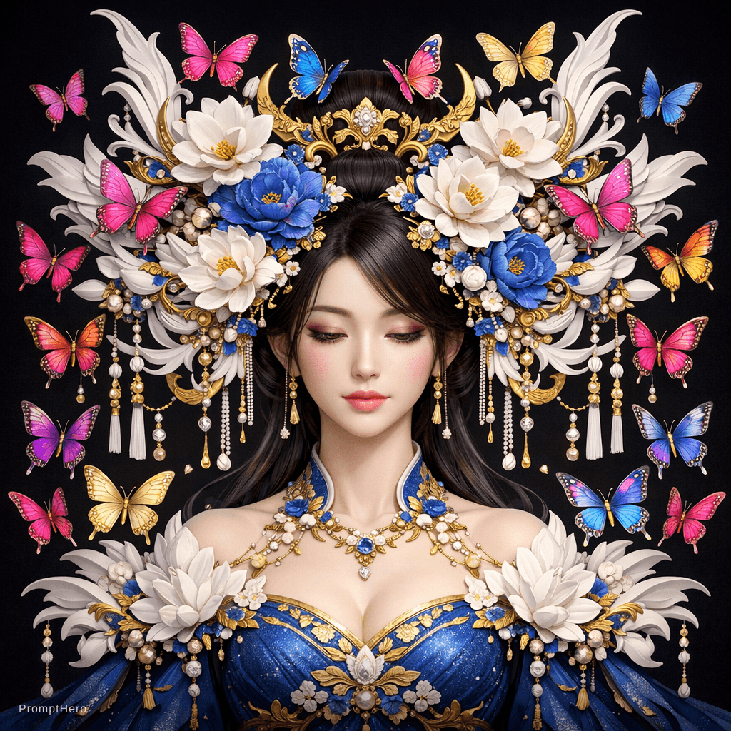 AI generated: Surreal, a beautiful Japanese woman wears a beautiful blue dress and has many colorful butterflies f...