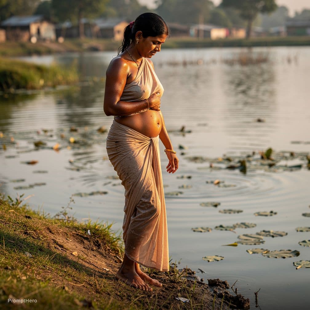 AI generated: Ultra-realistic documentary-style photograph of a rural Indian woman bathing at the edge of a pond, ...