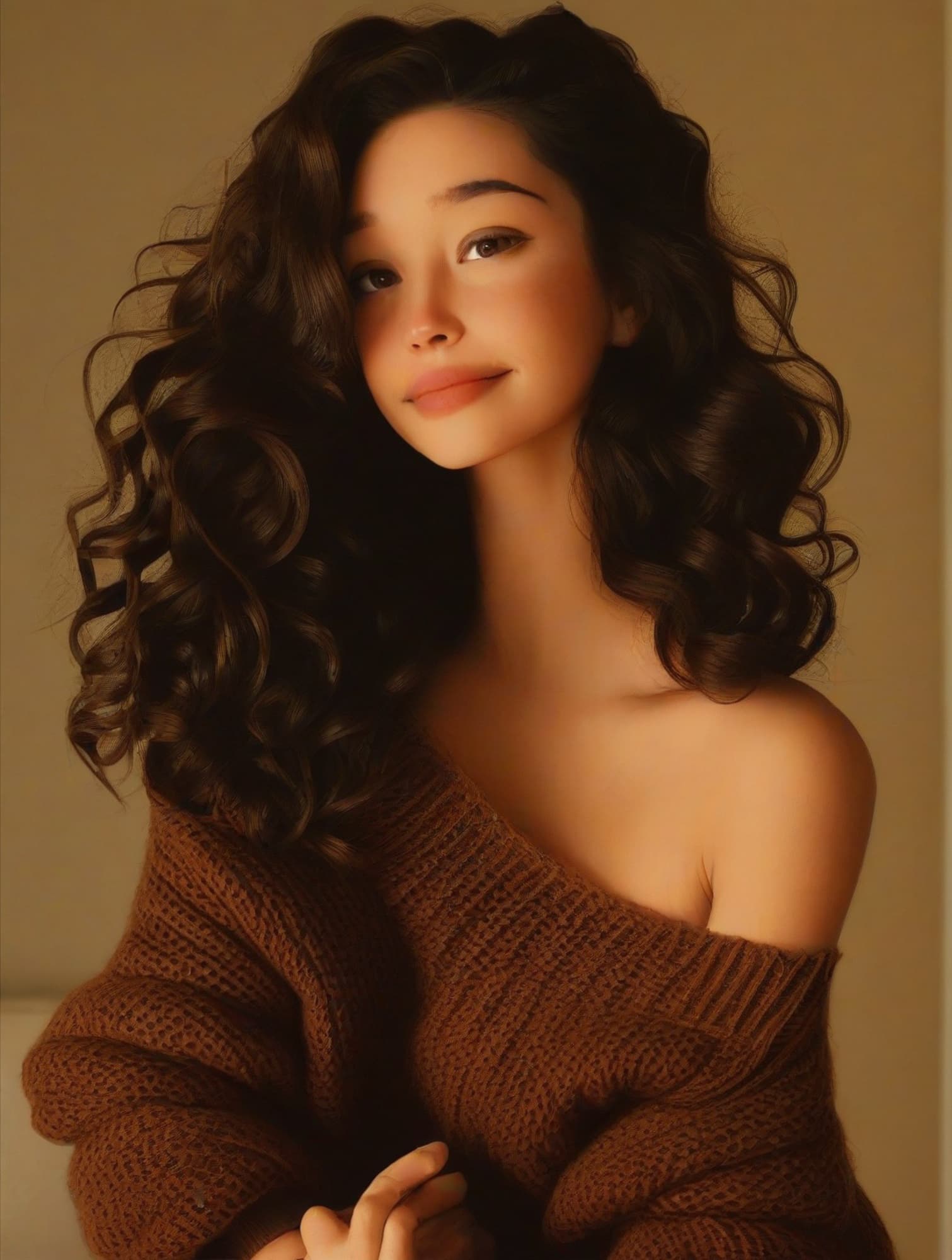 AI generated: Woman with wavy dark brown hair, wearing an off-shoulder oversized brown knit sweater. She is lookin...