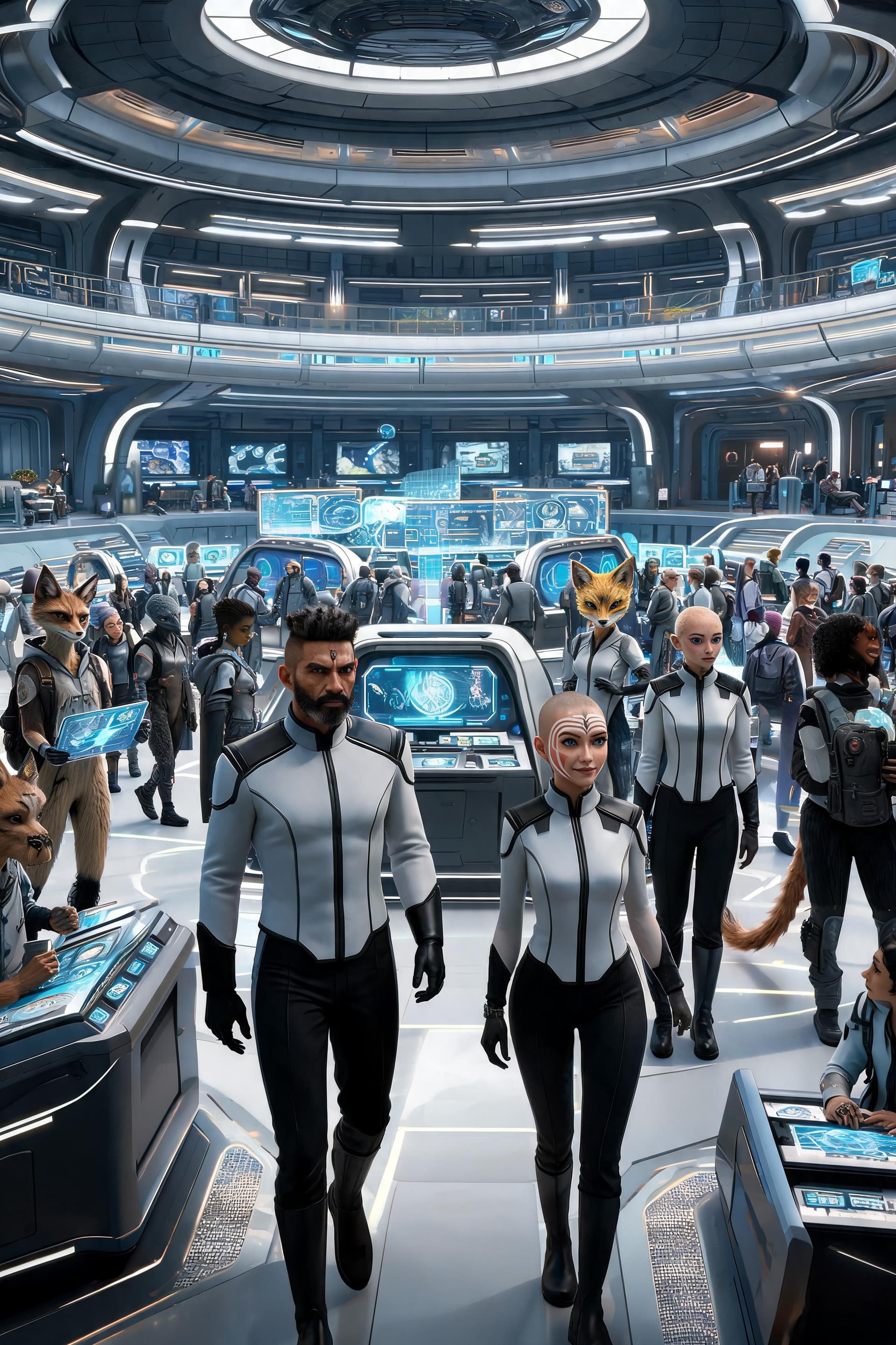 AI generated: Create a highly cinematic, ultra-realistic scene depicting everyday life inside the Galaxial Vora'di...
