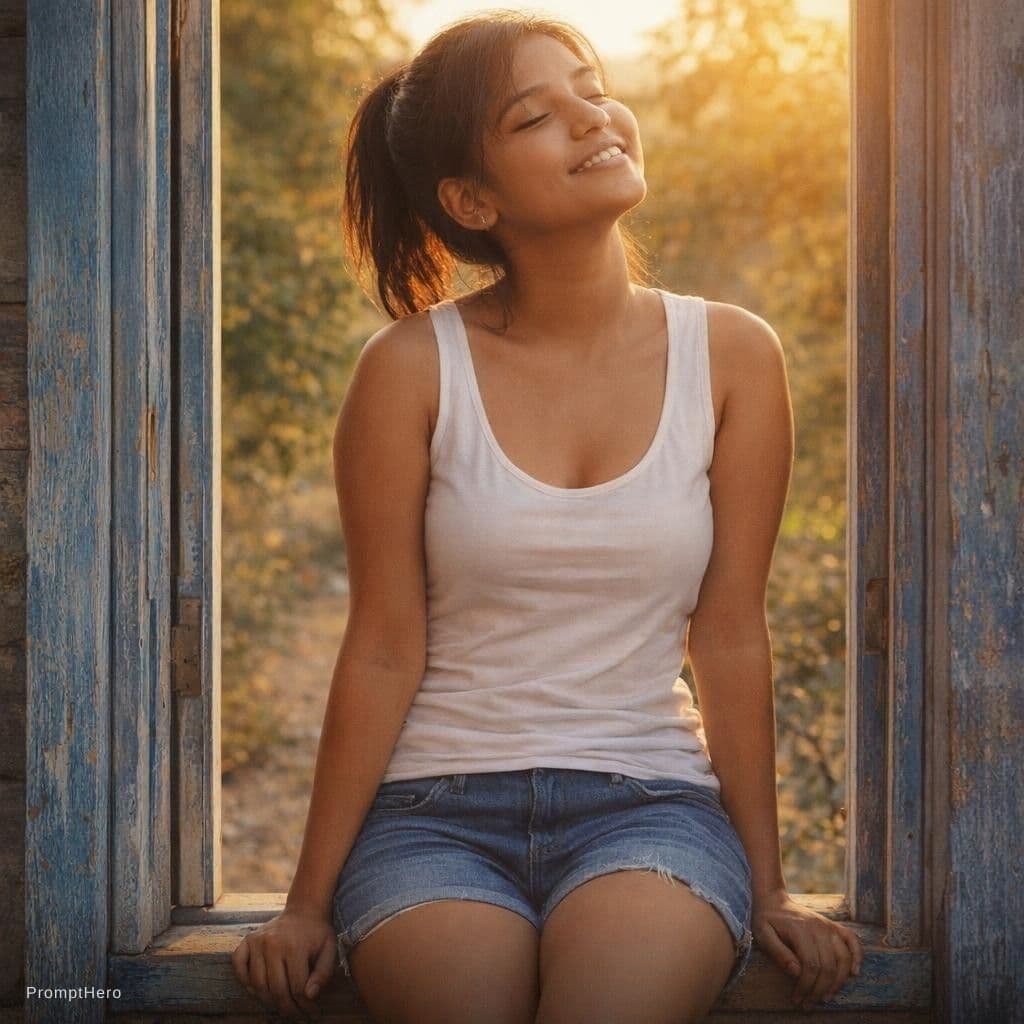 AI generated: Woman sitting in rustic blue window frame, white tank top, denim shorts, head tilted back, eyes clos...