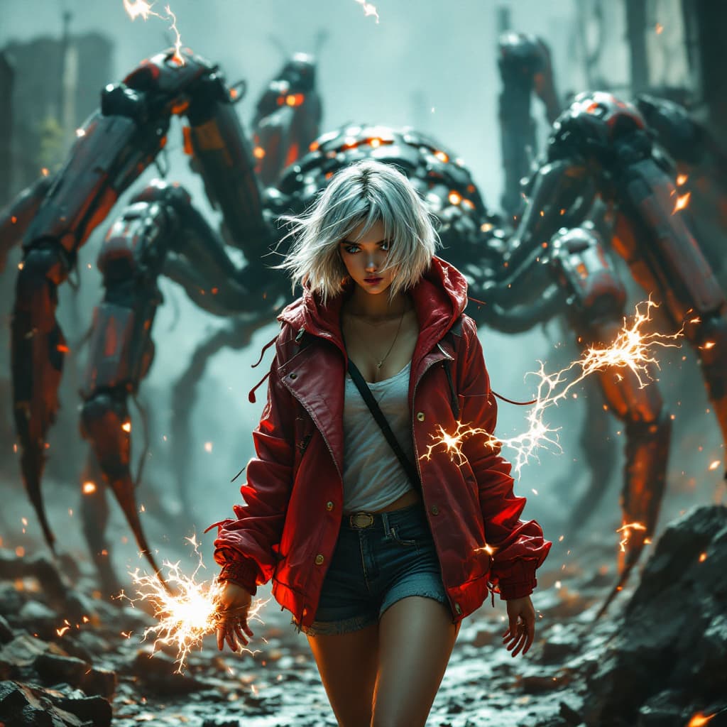 AI generated: full body view of a Girl Shining silver short hair peeking from under a stylish hooded red jacket, s...