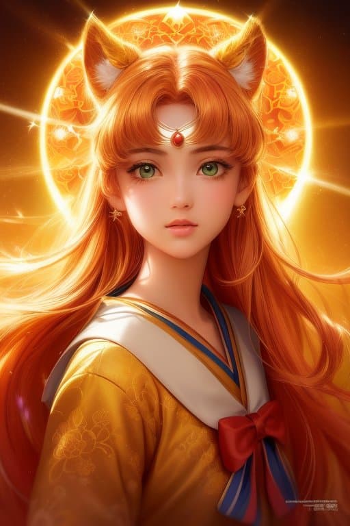 AI generated: front view portrait of sailor moon, glowing sunshine, very strong front light on face, HD photograph...