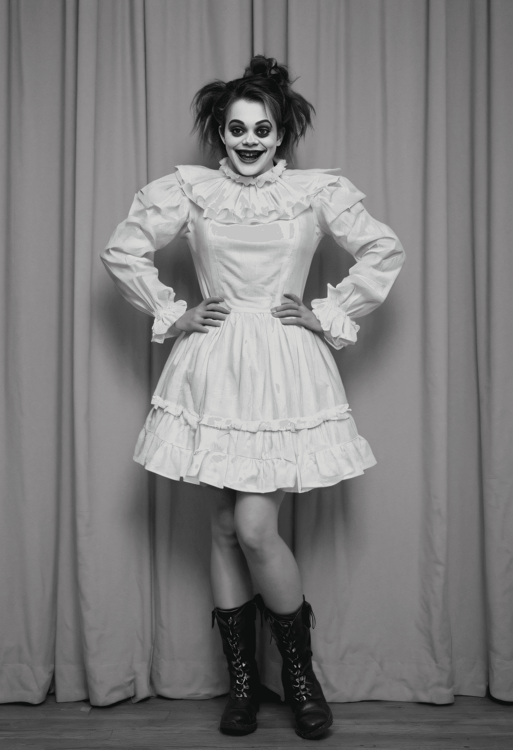 AI generated: a black and white photograph of a clown standing in front of a curtain. The clown is wearing a long-...