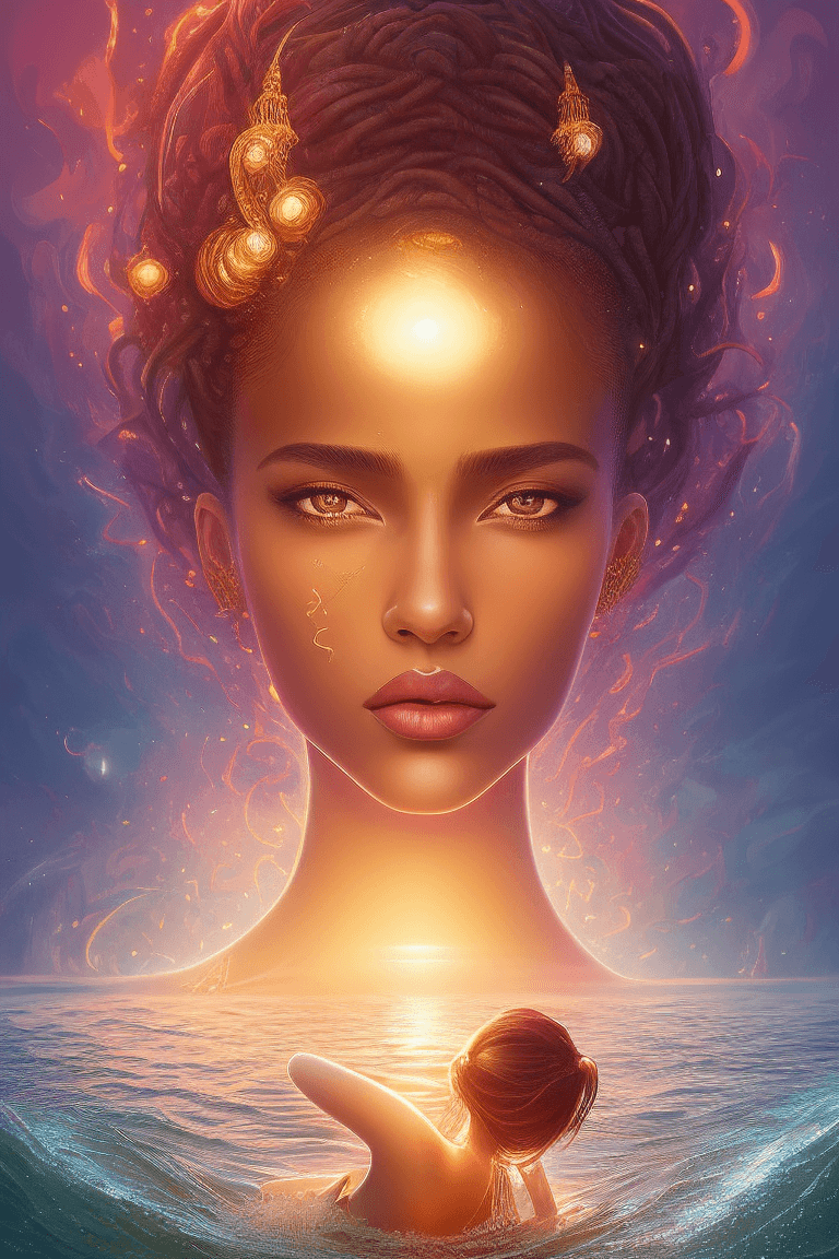 AI generated: illustration of NATILR, woman, only her head in out from water, during sunset in background, hard li...