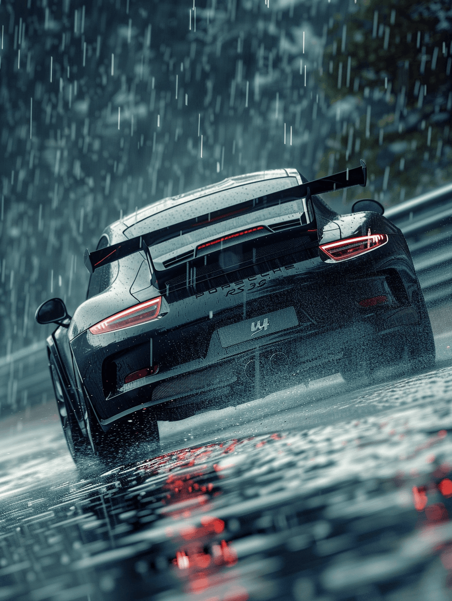 AI generated: a porsche rs gt3, running, rain, realist, u4, Nikon D6, AF-S NIKKOR 70-200mm f/2.8E FL ED VR, dark l...