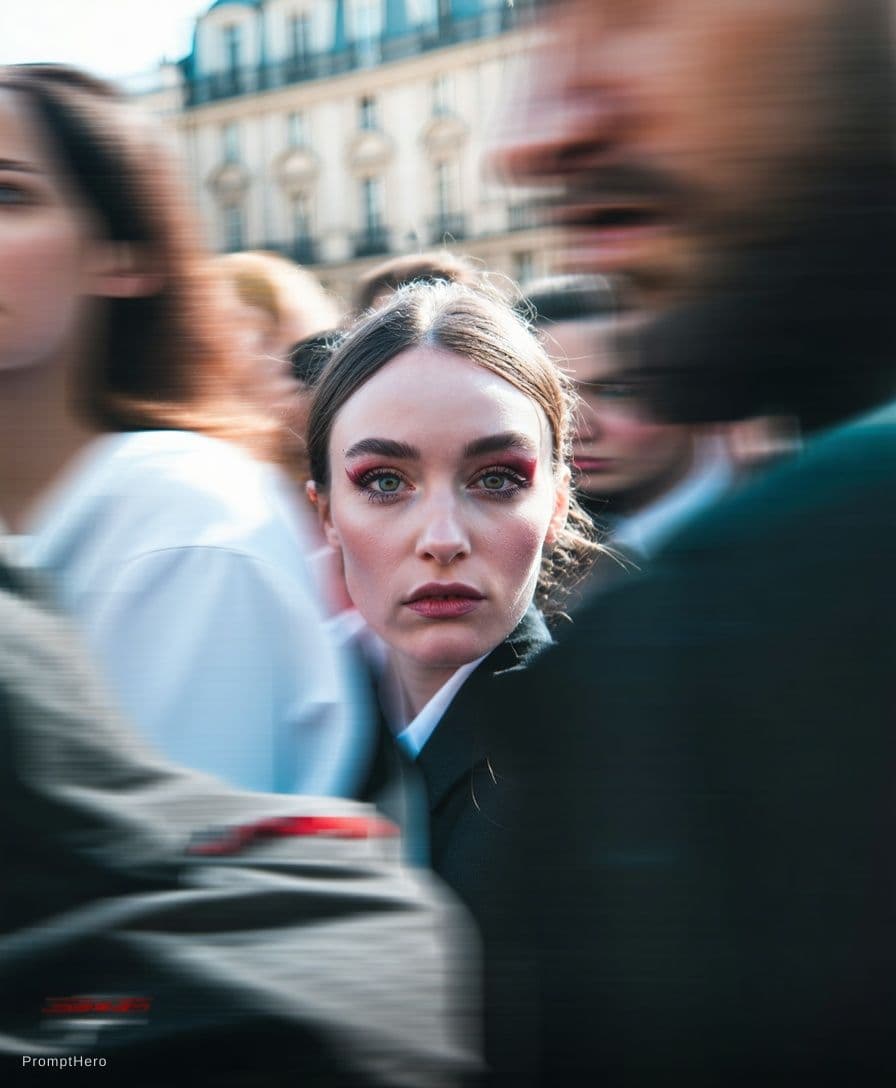 AI generated: Paparazzi-style extreme close-up photo of a woman with striking facial features, caught off-guard wh...