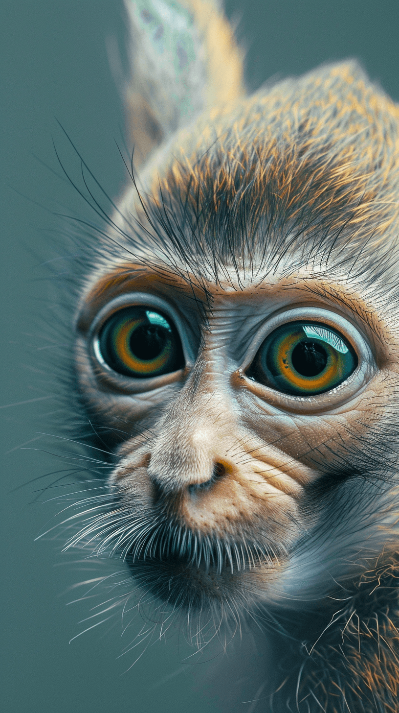 AI generated: photography, baby monkey, front view, depth to the composition, richly textured and meticulously det...