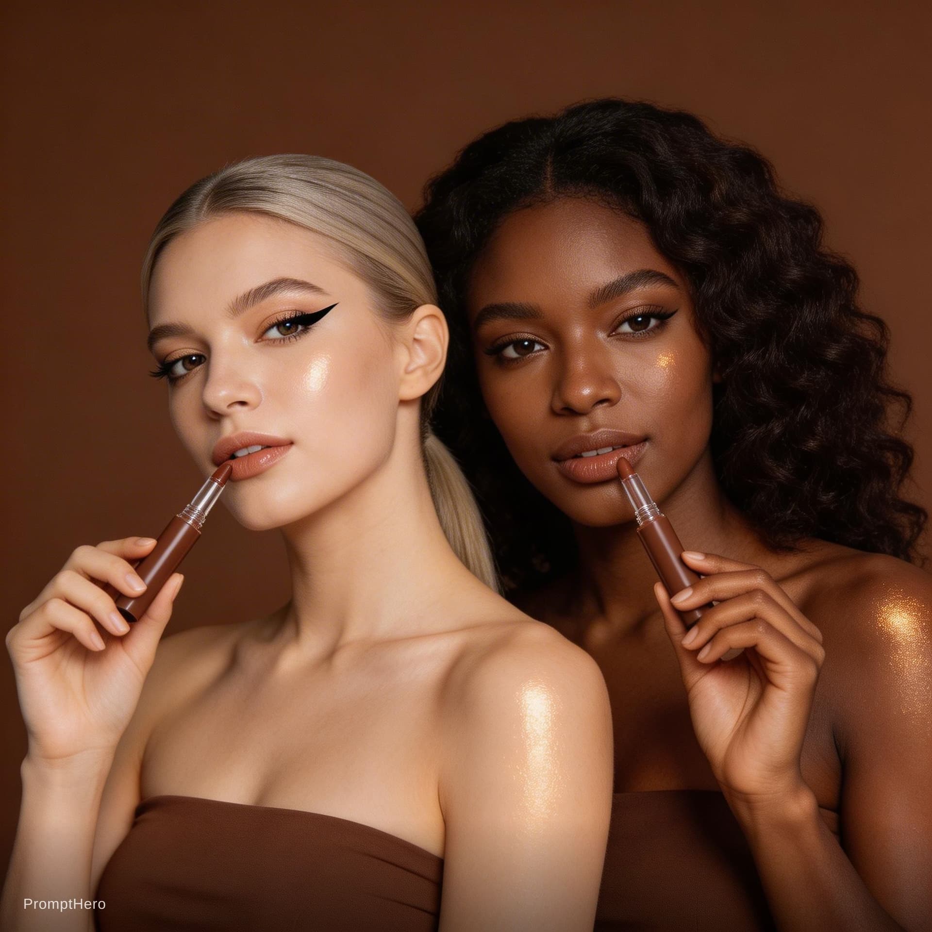 AI generated: A high-end editorial beauty campaign photograph of two diverse models with glowing, dewy skin. One m...