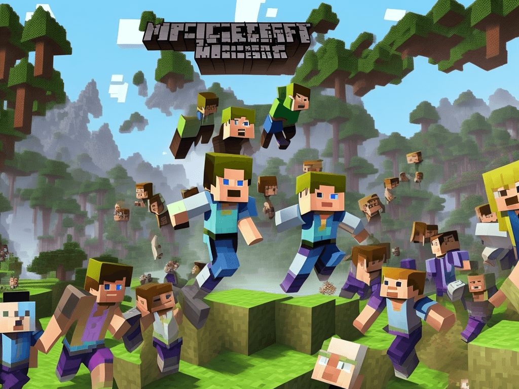 AI generated: Minecraft mobs jumping to at the screen minecraft trailer style. 
