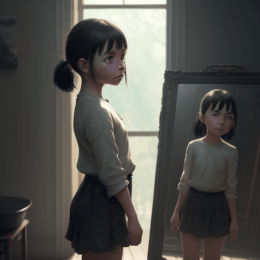 AI generated: Photo of a ultra realistic little girl, tasteful pose, oiled, standing for mirror, smug, crying, dra...