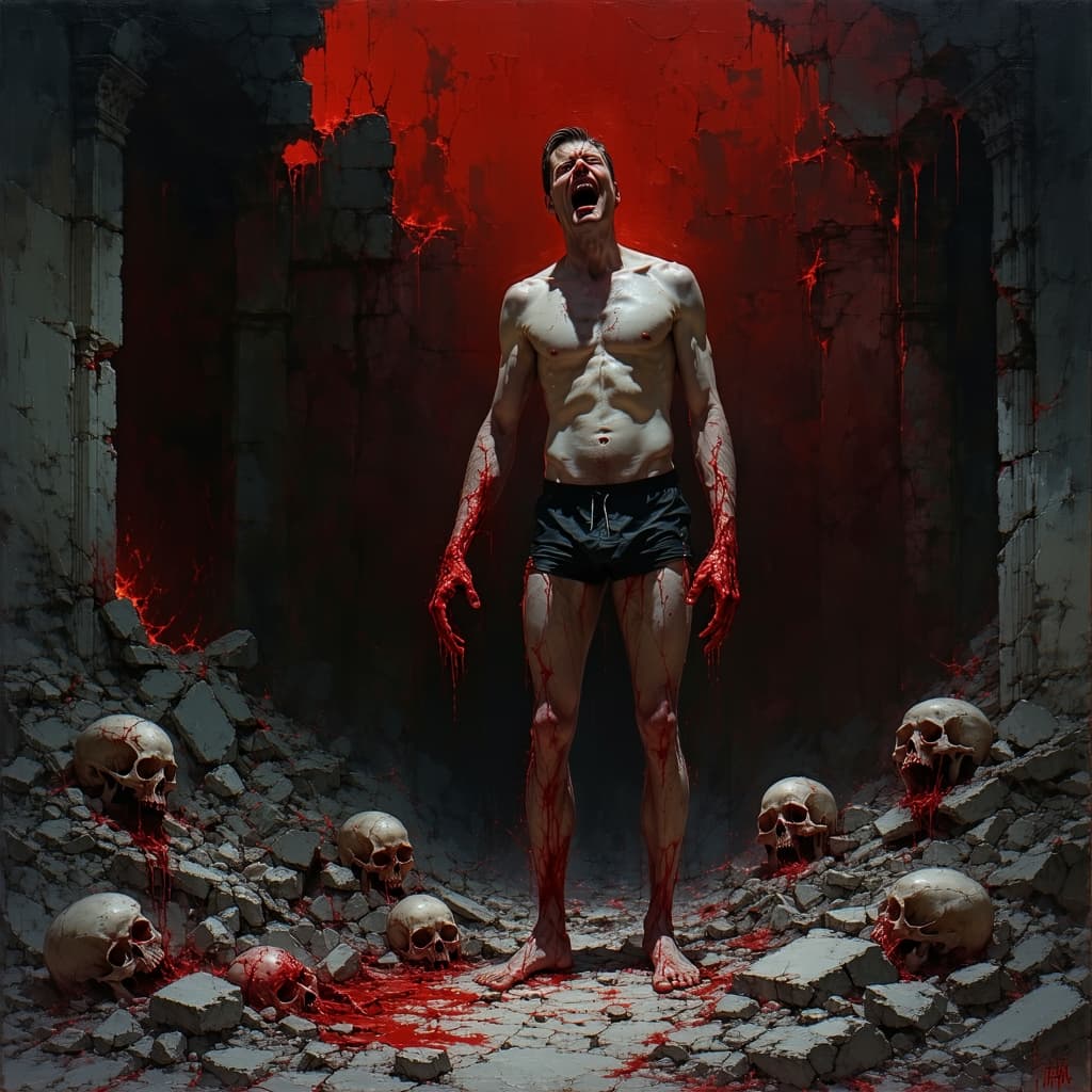 AI generated: Serbian President Aleksandar Vučić sporing a Speedo in hell, red atmosphere, the background is a hau...