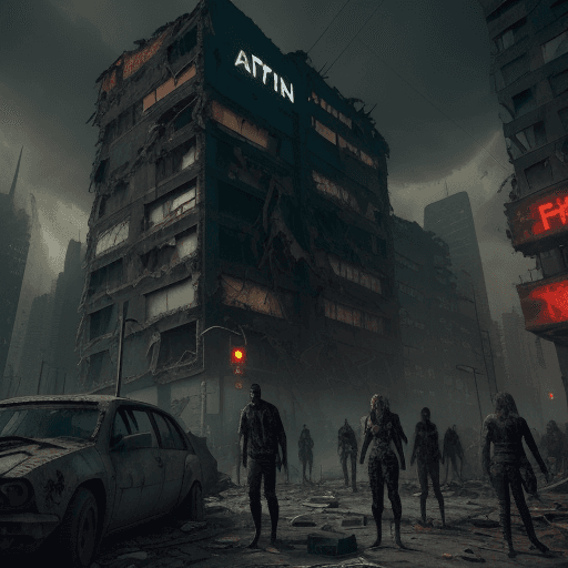AI generated: A (time of day) scene of a Cyberpunk post-apocalyptic city in ruins and ZOMBIE INVASION. A group of ...