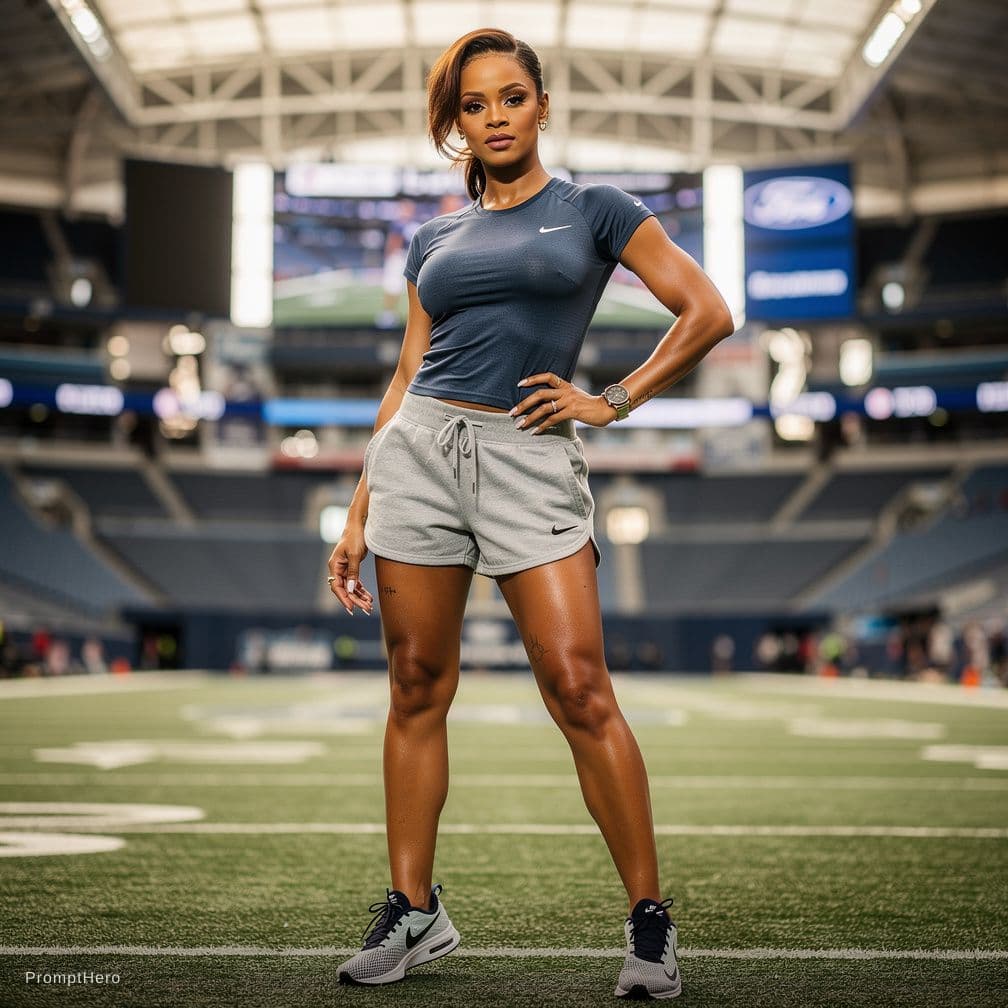 AI generated: imagine Rhianna at Ford Field, posing topless, wearing tight sweat shorts and Nike shoes, tanned ski...