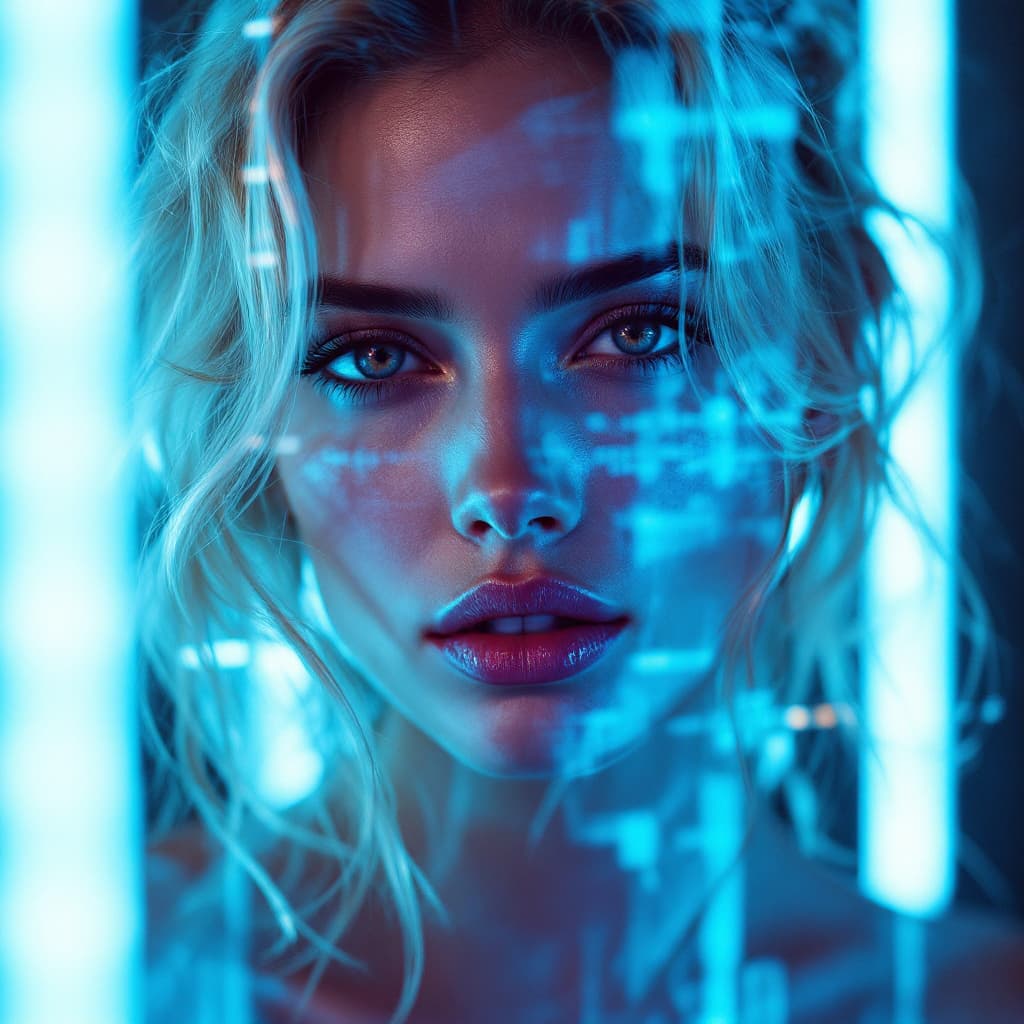 AI generated: digital art, fashion editorial, a close portrait of beautiful blond woman is studio double exposure ...