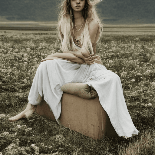 AI generated: a woman sitting on top of a couch in a field, skinny girl in white boho dress, lalisa manobal, allur...