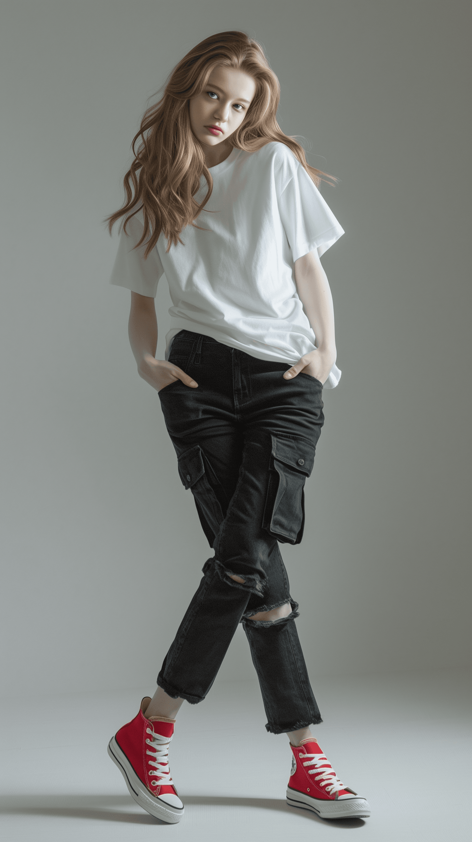 AI generated: high-resolution fashion photograph of a model posing in a minimalist set, styled in a streetwear yet...