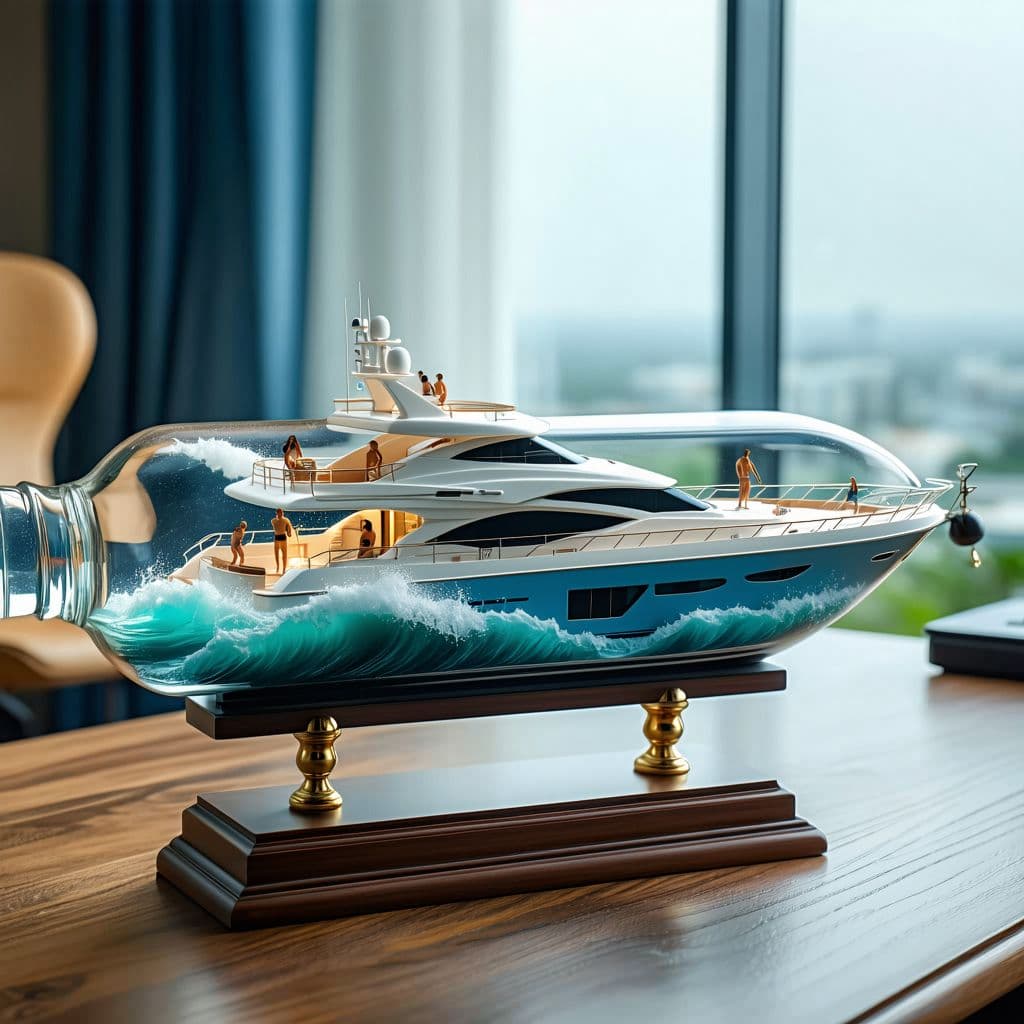 AI generated: A realistic ship in a bottle, featuring a luxury super yacht scene. The yacht is busy with people, w...