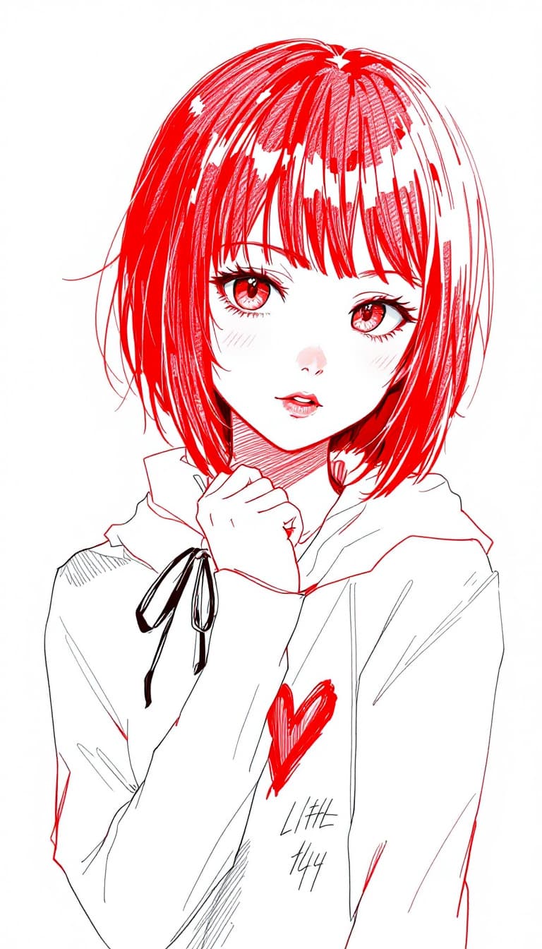 AI generated: girl, red pen drawing, sketch, anime, expressive