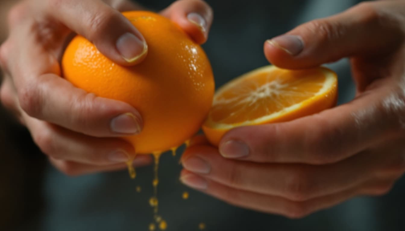 AI generated: A scene of squeezing an orange by hand. Close-up of the juice dripping --ar 16:9