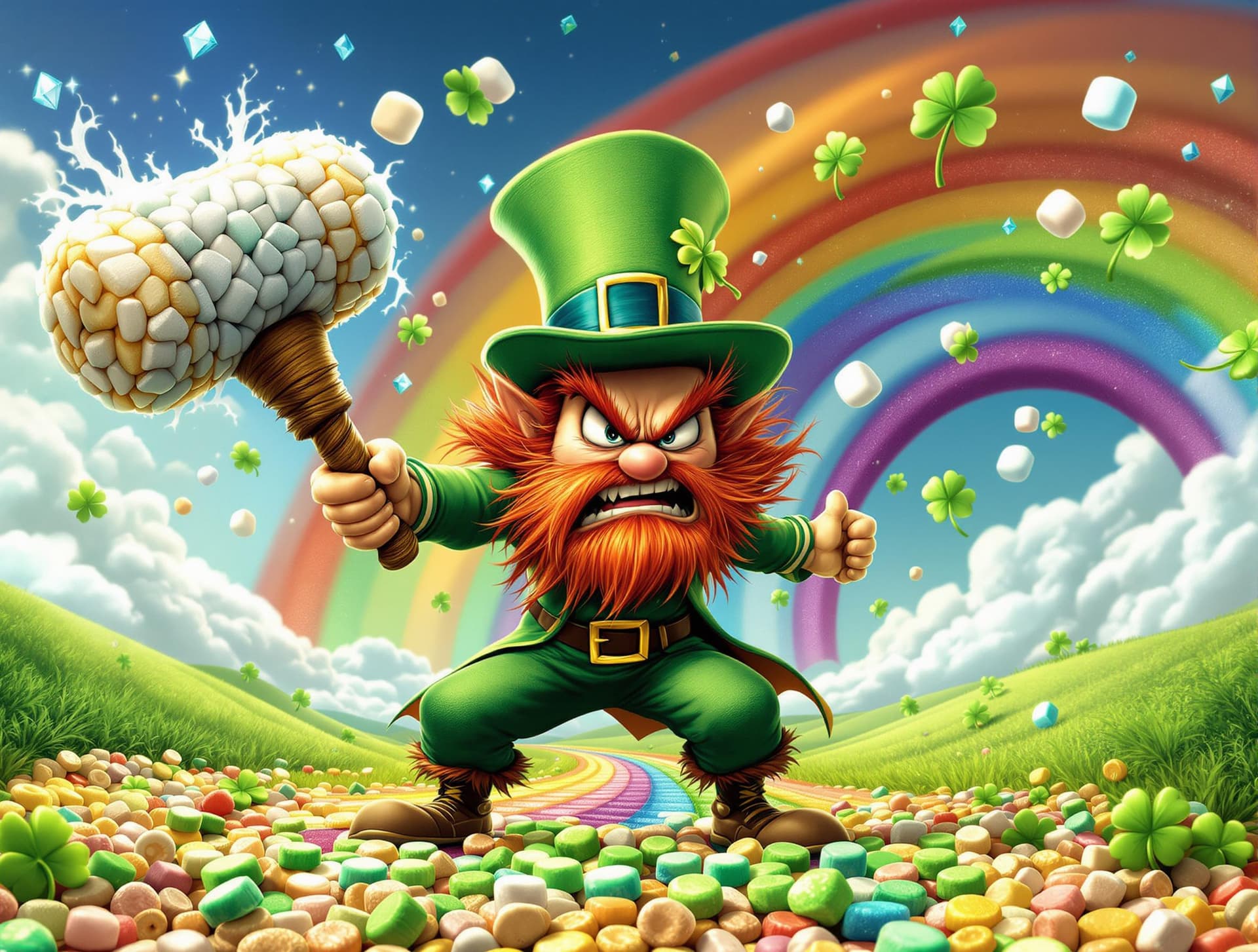 AI generated: Angry leprechaun shaking his huge, oversized shillelagh with a bulbous tip, he has Irish Red Hair an...