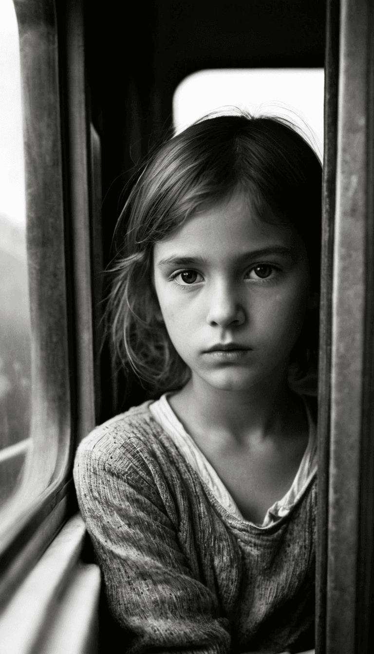 AI generated: black and white photography, young girl in old train cabin sadly looks on camera, highres, realistic...
