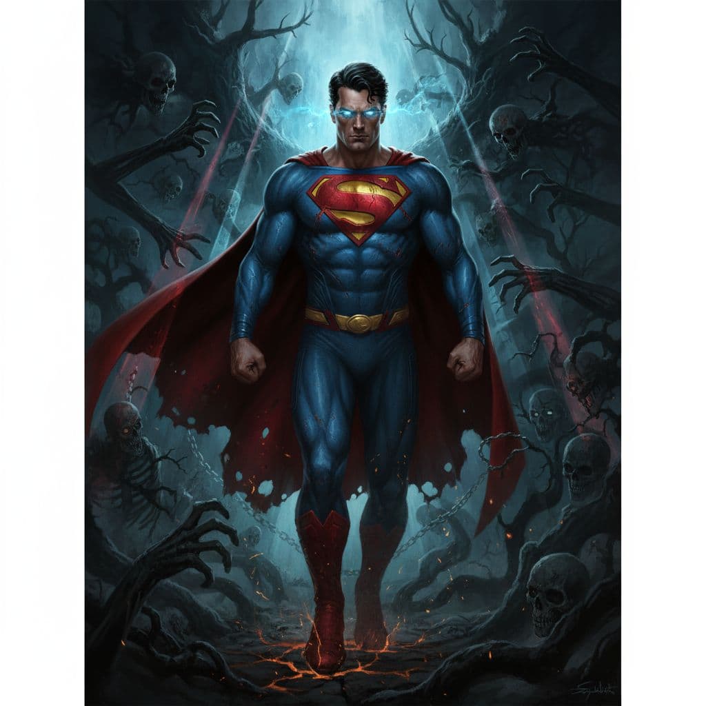 AI generated: Superman, in dynamic, atmosphere of darkness and horror, dramatic light, highly detailed, packed wit...