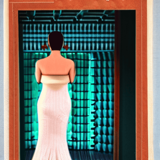 AI generated: The photo is taken in a beach house. The girl is standing near the door (we can see the beach at a d...