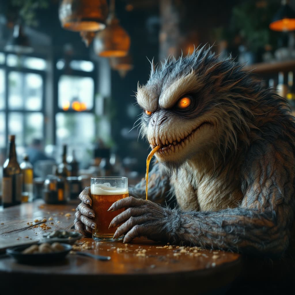 AI generated: a weird monster sitting in the bar drinking his favourite bear as like humans. realistic, high quali...