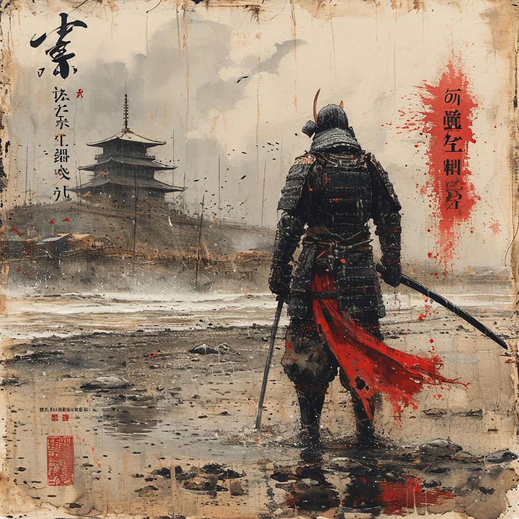 AI generated: water color painting of Shogun on a dreary gloomy beach depressed and angry on the bay of japan, Tra...