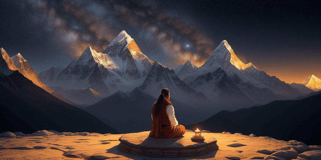 AI generated: A beautiful render of mountain landscape from nepal with golden moon light radiating from the top, c...