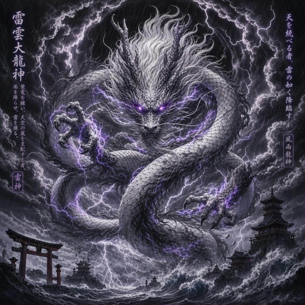 AI generated: a Japanese style dragon that controles storm like Lightning, Dark Clouds, and trentals rains with wh...