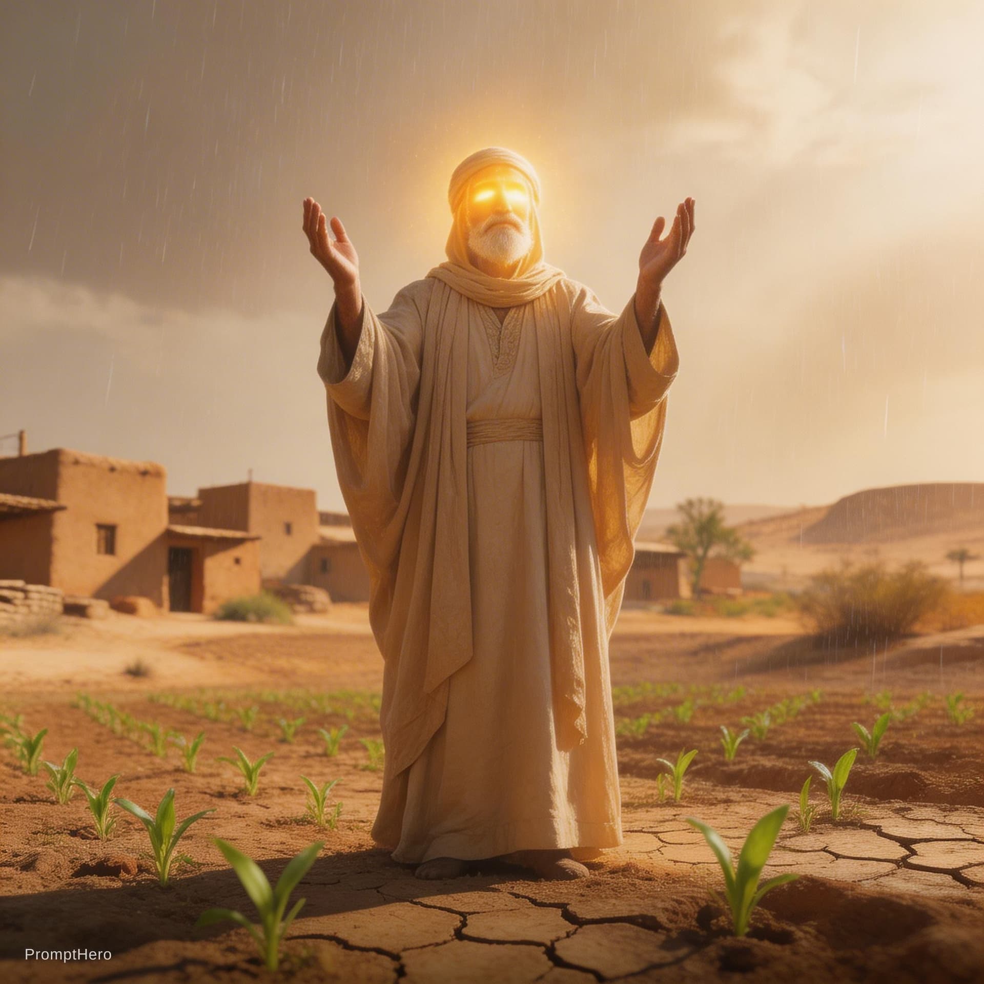 AI generated: A wise elderly man named Buzrg, standing in a small 7th-century village, wearing long flowing tradit...