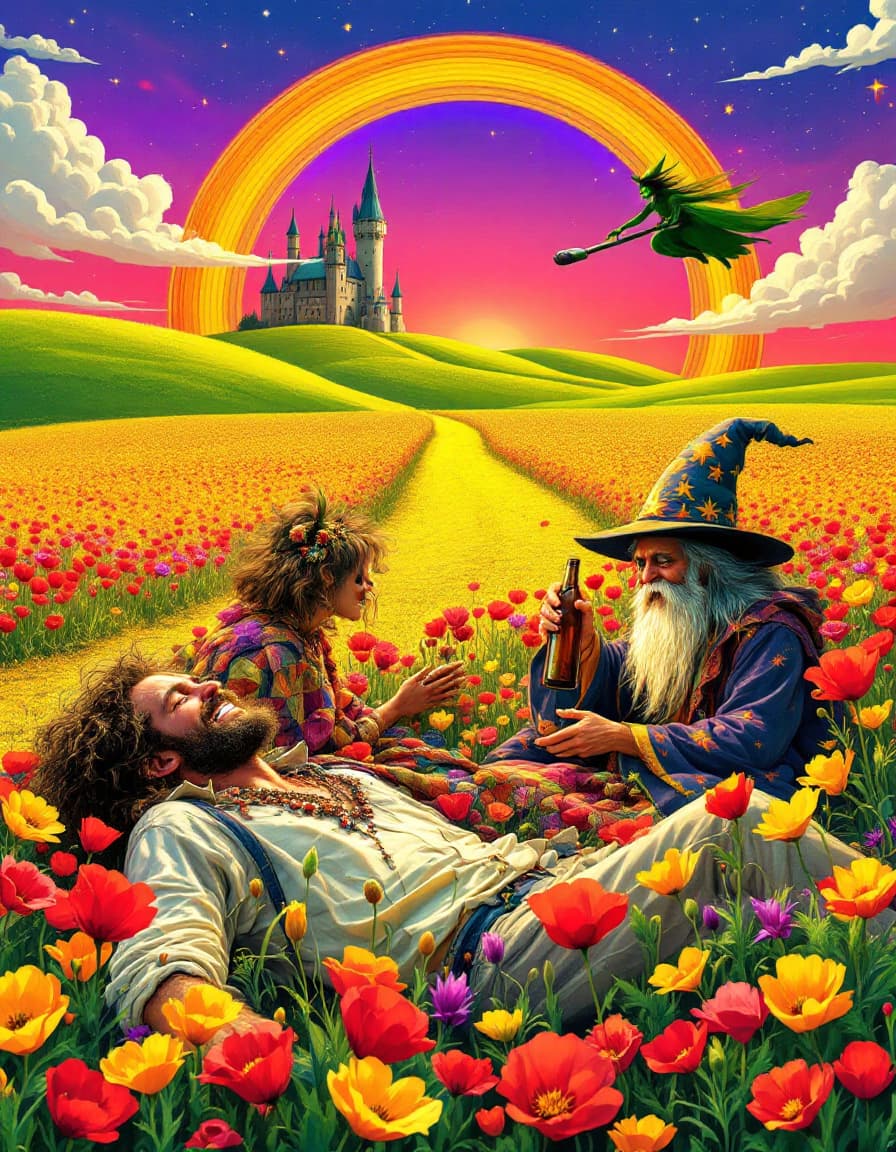 AI generated: a totally wasted  hippie with a dopey grin partly closed eyes is  in a field of poppies laying prone...