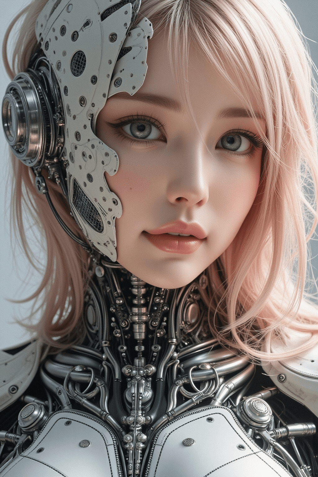 AI generated: This is a hyper-realistic, high-detail digital portrait of a young Korean woman who is a cyborg. The...
