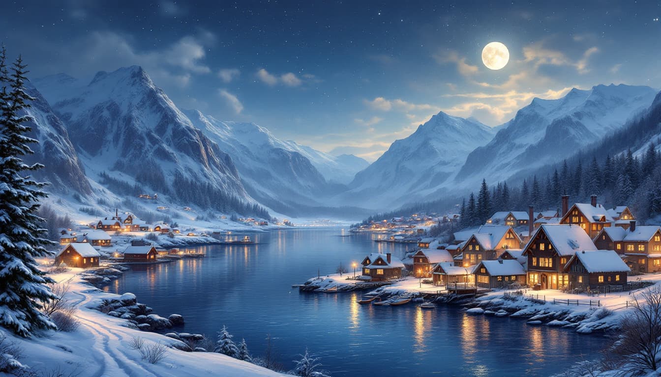 AI generated:  Paysage et village norvégiens, saison de Noël, peinture d’art numérique créative, avec de beaux dét...