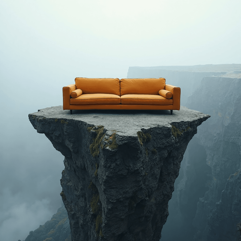 AI generated: A warm, inviting sofa stands on the very tip of a sharp cliff, its sides dangling over the void belo...