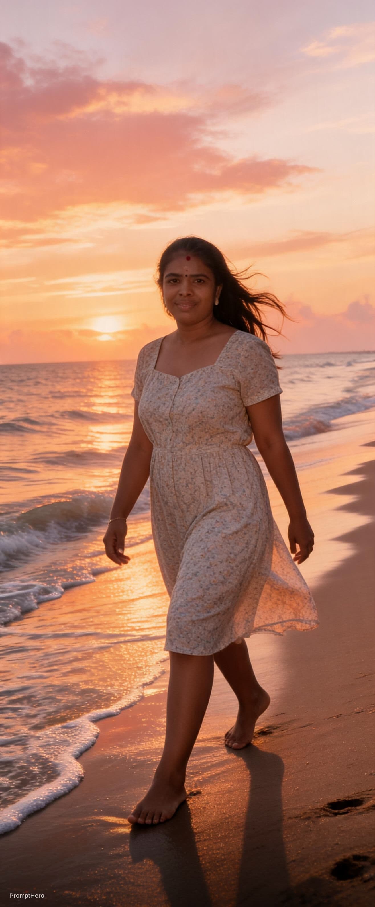 AI generated: A beach girl walking barefoot along the shoreline during golden hour. Her hair dances in the sea bre...