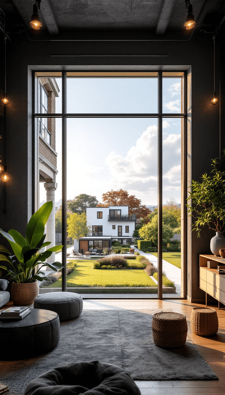 AI generated: an industrial loft with the balcony views of an open garden and park area