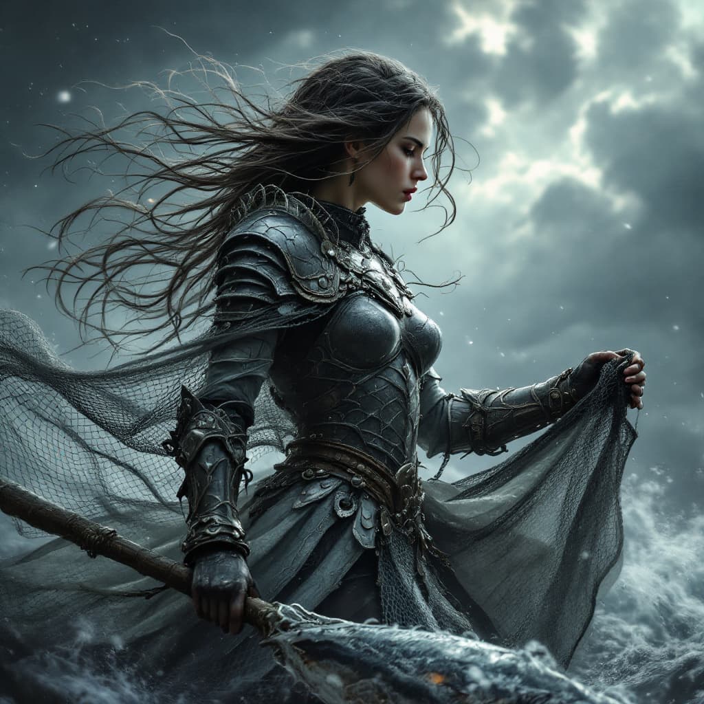 AI generated: a female warrior in sea armor in an intricate graceful pose, 3/4, , a fishing net on her body, in he...