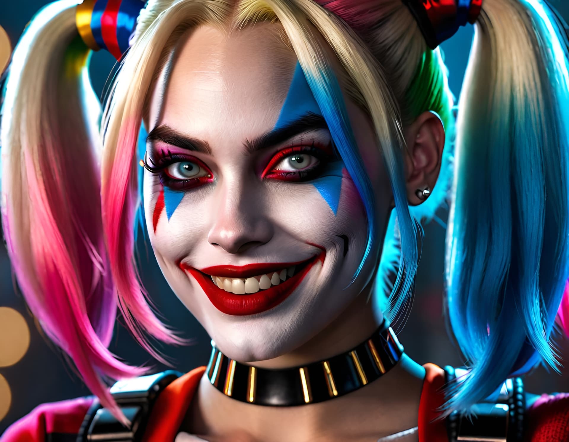 AI generated: Harley Quinn from the suicide squad, portrait, playful, beautiful face, vivid colors, elegant, conce...