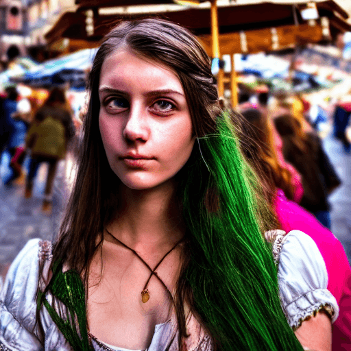 AI generated: A pretty girl in a crowded medieval market, market vendors, upper body, detailed clothes, green eyes...