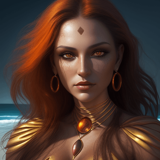 AI generated: close-up photo of a woman, in the style of igor zenin, dark amber and gold, beach portraits, ultra-r...