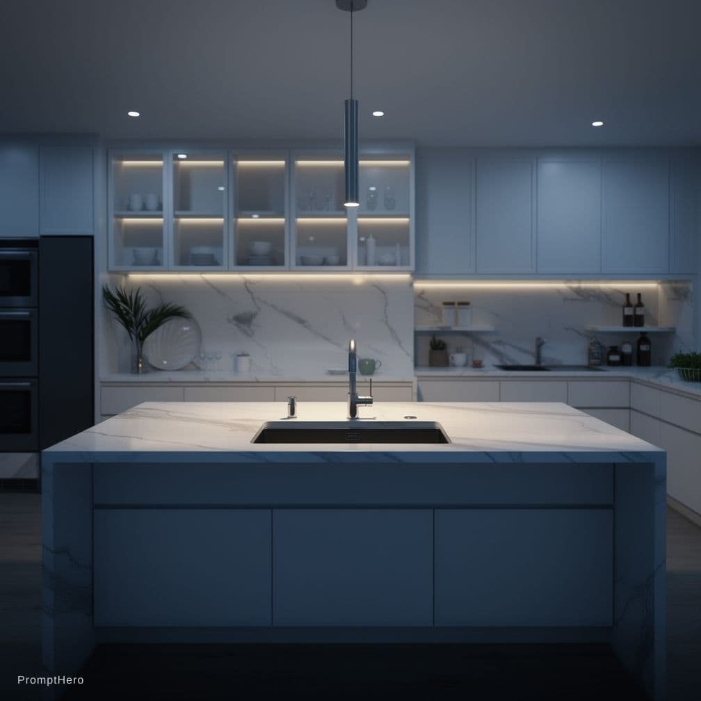 AI generated: modern kitchen, in the pre-dawn light, sleek matte white finishes, with a deep ocean, steel gray, an...