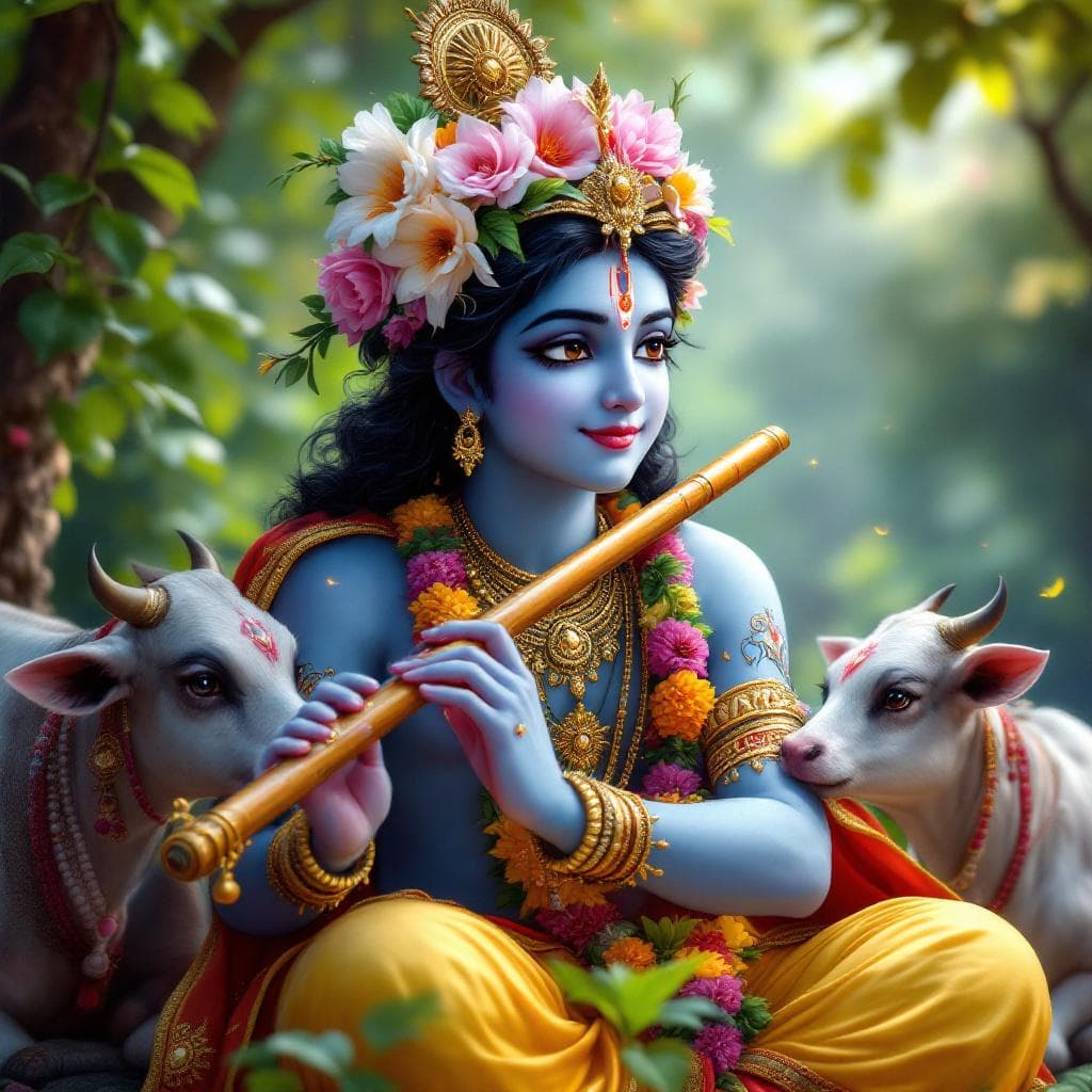 AI generated: "A highly detailed and ultra-realistic 4k rendered  and vibrant digital painting of Lord Krishna pla...